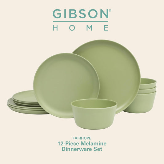 Gibson Home Fairhope 12-Piece Matte Green Melamine Dinnerware Set – Durable Lightweight Plates and Bowls, Kitchen Dining Set