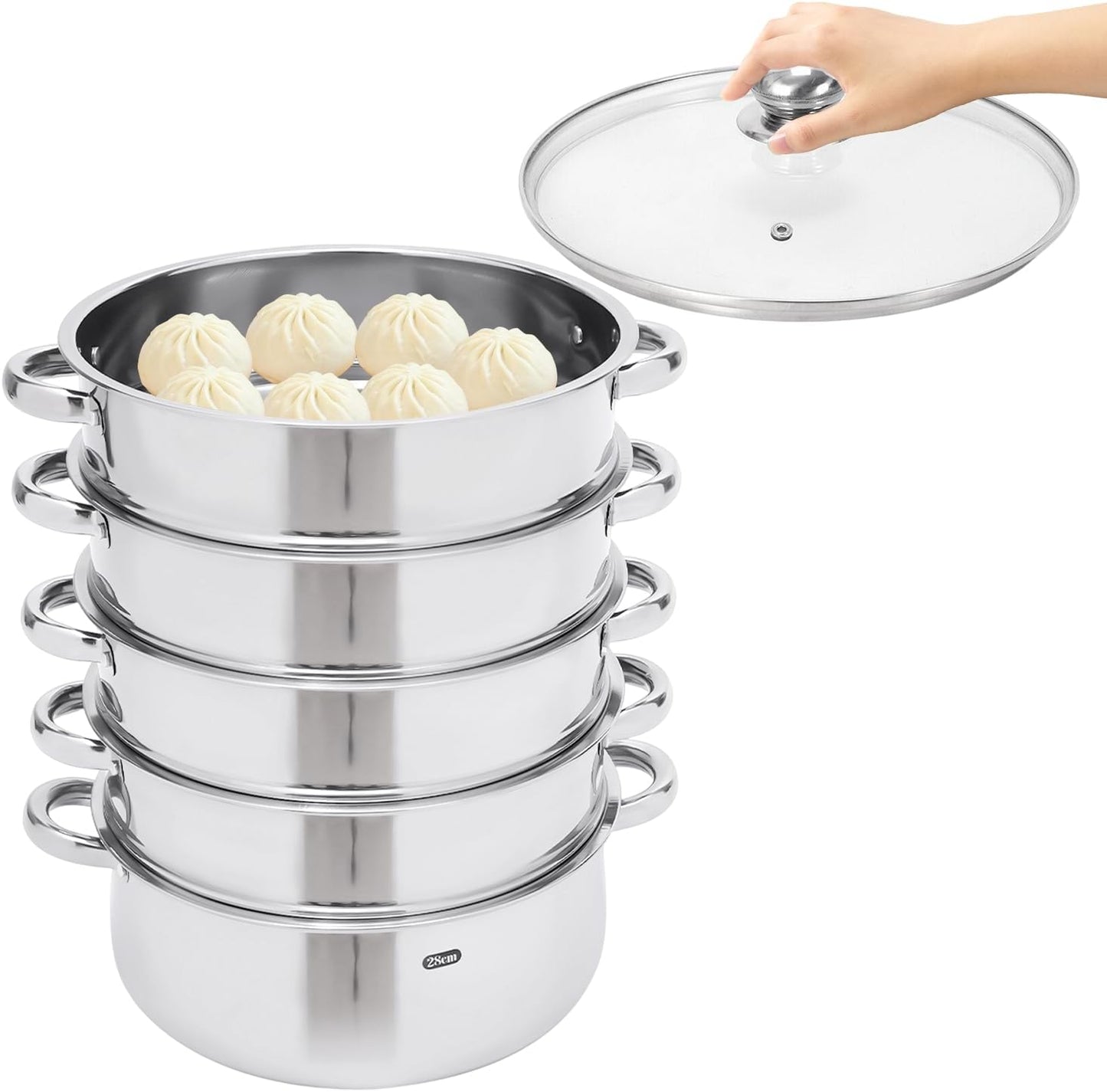 5 Tier Stainless Steel Steamer Cookware Pot with Glass Lid - 26/28/30cm for Home & Restaurant