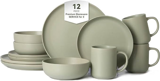 12-Piece Matte Green Dinnerware Set,Stoneware Dinnerware for 3, Microwave & Dishwasher Safe, Stackable Design for Kitchen and Dining - Plates,Bowls and Mugs