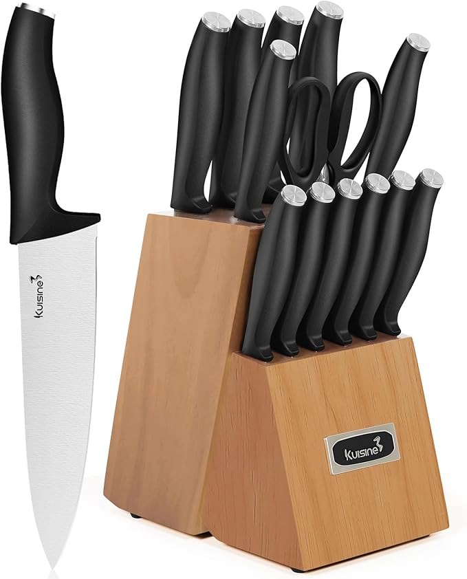 Kuisine Chef Knife Set,High Carbon Stainless Steel Ultra Sharp Blade Ergonomic Handle,Kitchen Knife Block Set with Built-in Sharpener, Elegant Gift for Holiday(Acacia,15PCS)