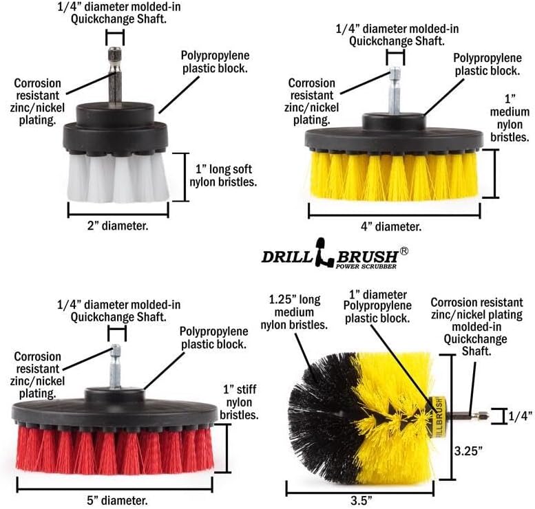 Drillbrush Drill Brush Attachment Set – Power Scrubber Brush for Tub, Tile, Shower, and Grout – All-Purpose Household Cleaning Brushes for Drill, Auto Detailing Brushes - Electric Grout Cleaner Kit