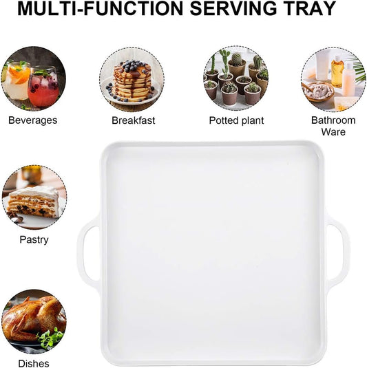 Square Serving Trays with Handles Melamine White 12.5x12.5 Inch Spill Proof Kitchen Eating Trays Set of 2 for Cafeteria Cafe Food Appeizer Dessert Snack Dinner Lunch Breakfast,TR14-02