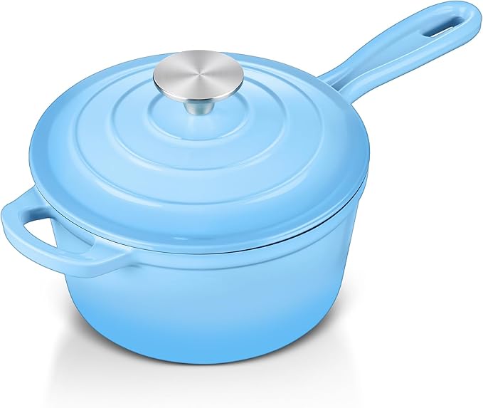 Enameled Cast Iron Sauce Pan with Lid, Leonyo 1 Quart Saucepan with Lid, Small Enamel Cast Iron Dutch Oven Kitchen Cookware for All Cooktops Cooking Soup, Milk - Up to 500°F & 4.4Lbs, Lake Blue