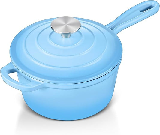 Enameled Cast Iron Sauce Pan with Lid, Leonyo 1 Quart Saucepan with Lid, Small Enamel Cast Iron Dutch Oven Kitchen Cookware for All Cooktops Cooking Soup, Milk - Up to 500°F & 4.4Lbs, Lake Blue