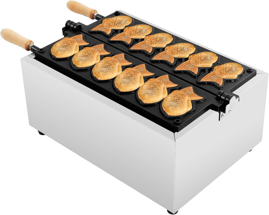 2400W Taiyaki Fish Waffle Maker, 6 Mold Non-stick Electric Cake Waffle Maker 122~572℉ Stainless Steel Taiyaki Maker for Home & Commercial Use