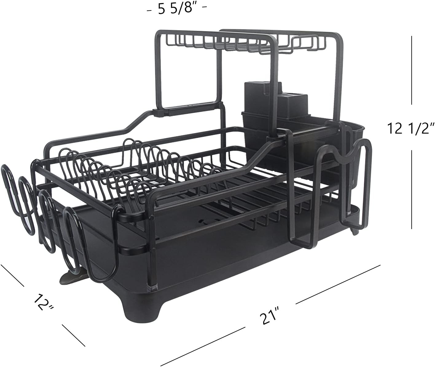 Evelyne GMT-10353-A Black Aluminum Dish Drying Rack with Utensil Holder - 2 Tier Kitchen Countertop Rust Proof Dish Rack and Drainboard Set - Large Dish Organizer Rack