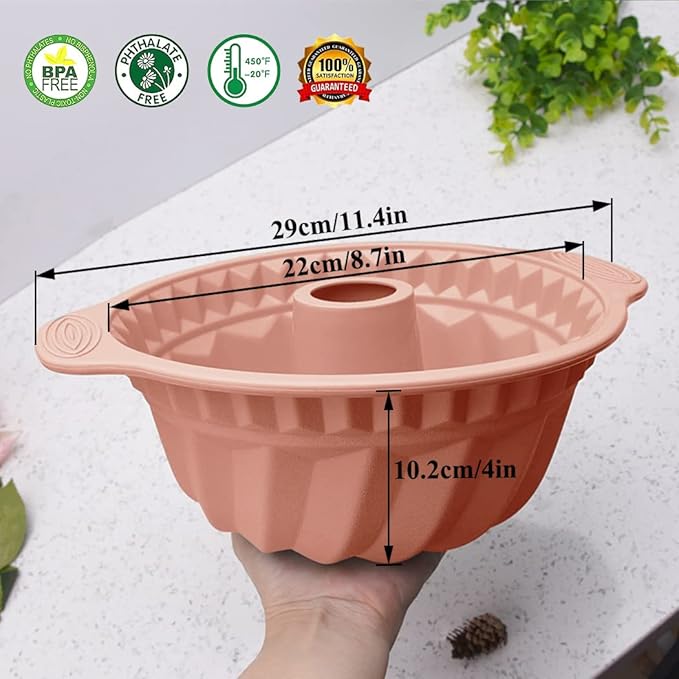 Kenond 2 PCS 9.5 Inch Silicone Cake Pans, Non-stick Fluted Cake Pan with Sturdy Handle, Cake Baking Molds, Perfect Bakeware for Cake, Jello, Gelatin, Bread, Para Gelatinas (Pink)