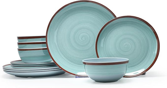 Melamine Dinnerware Set for 4, 12Pcs Dinnerware Sets, Mint Blue Plates And Bowls Sets Morden Dish Set Dishwasher Safe BPA Free(Green)