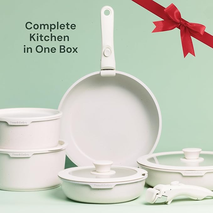 15-Piece White Granite Nonstick Cookware Set – Detachable Handles & Tempered Glass Lids – Stackable & Cool-Touch - Induction & Oven Safe to 480°F - Scratch-Resistant, PFOA & PFOS-Free