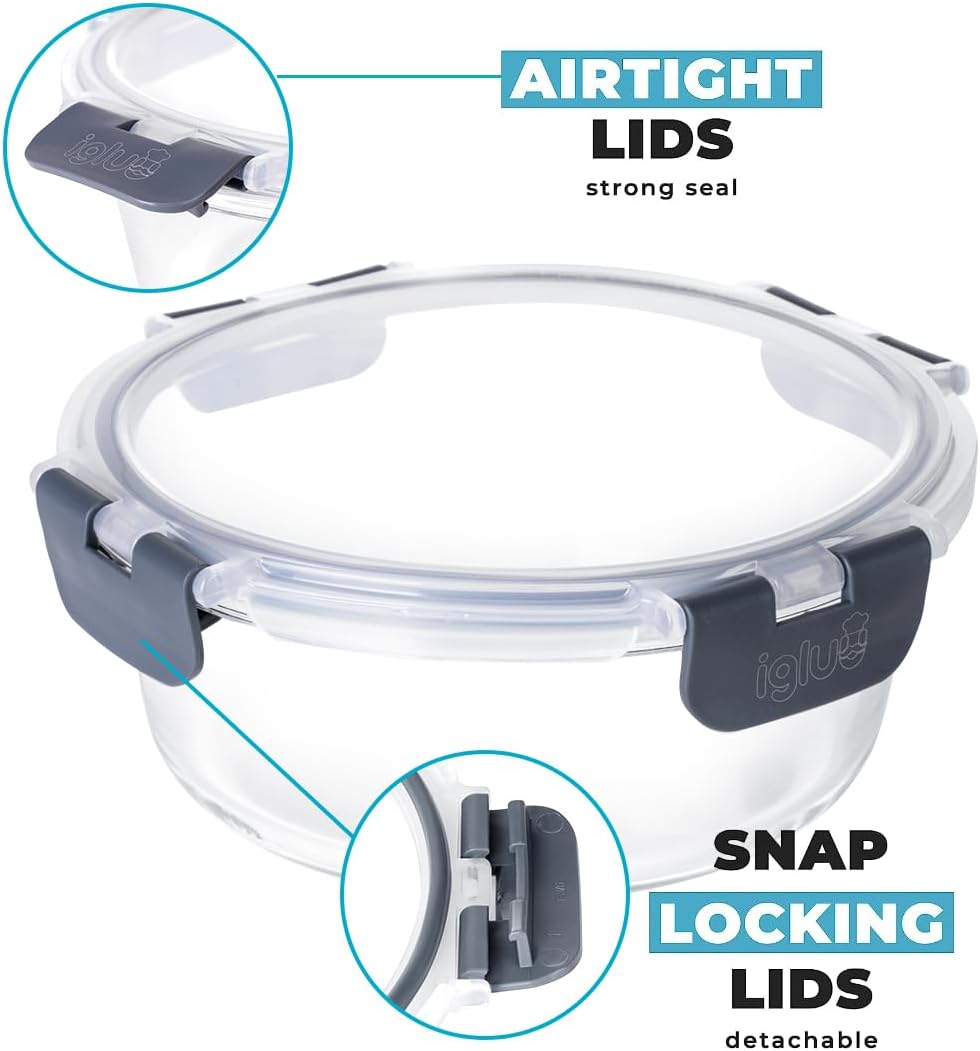 Igluu Meal Prep Round Glass Containers with Lids Airtight - Glass Food Storage Containers - Reusable Microwave, Freezer to Oven Safe BPA-free Lunch Box (10 Containers & 10 Lids) 32 oz & 13.5 oz