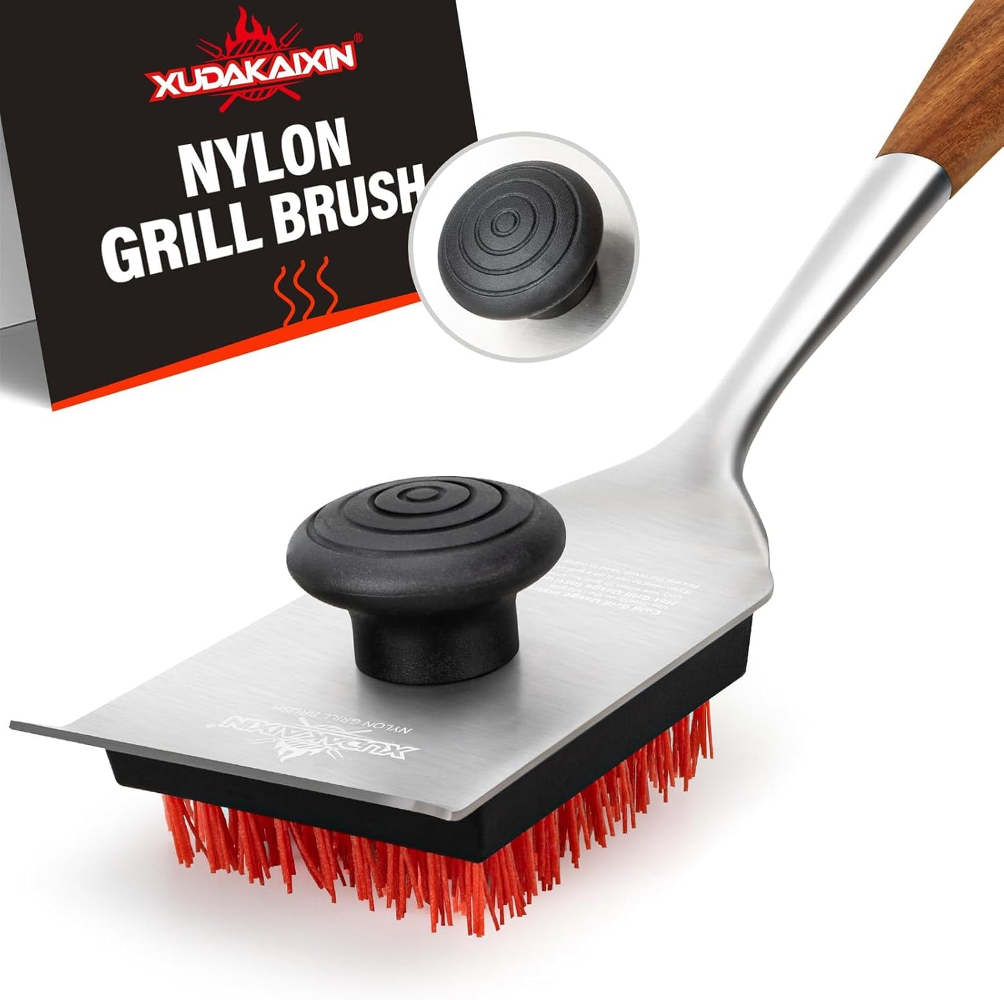 Nylon Grill Brush,Dual Grip Design,with Extended Luxurious Acaciawood Handle,Safe Nylon Bristles Barbecue Triple Scrubbers Cleaning Brush for Cast Iron Grates/Porcelain/Charcoal Grill