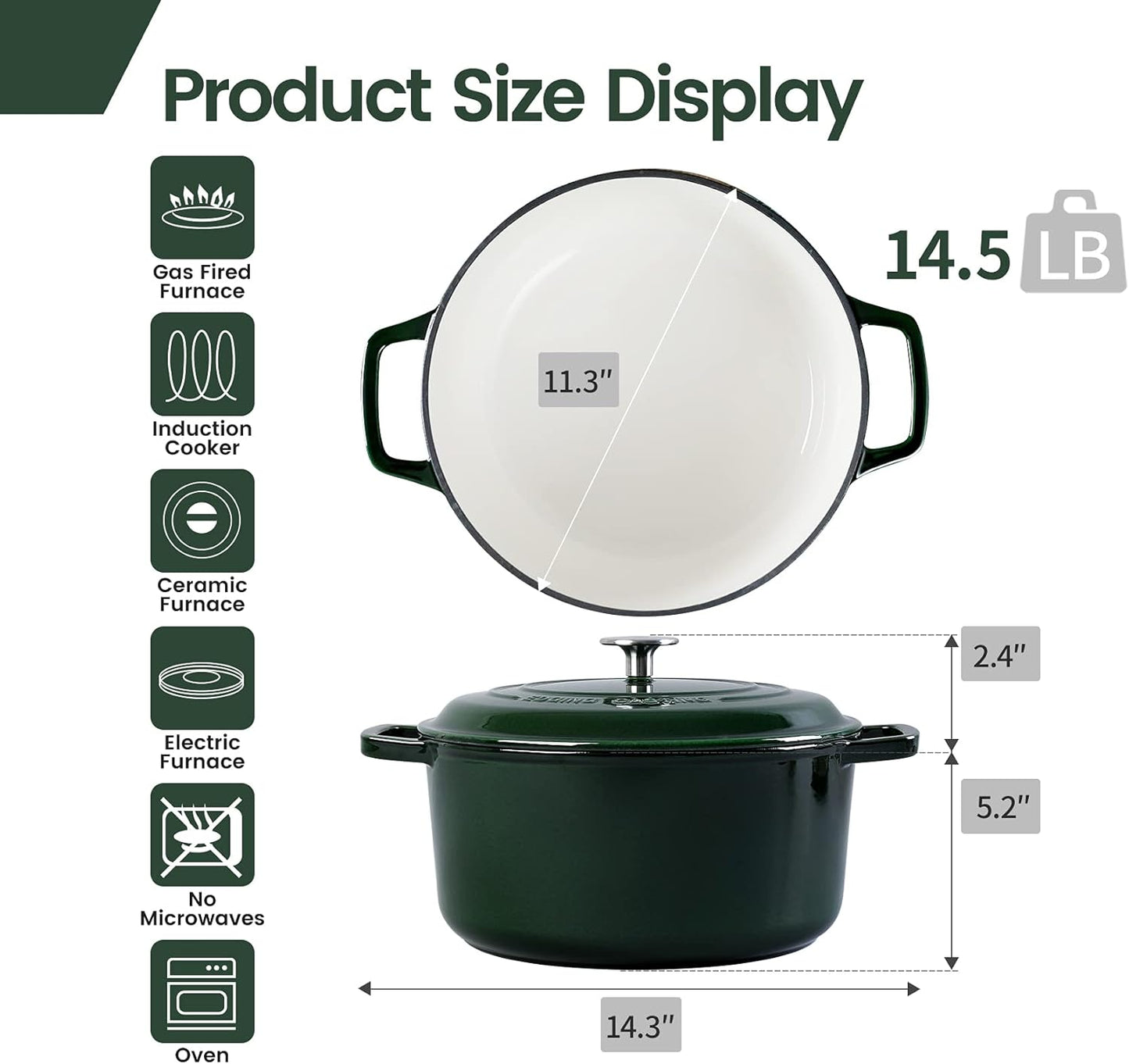 Enameled Cast Iron Dutch Oven Pot With Lid, Dutch Oven for Sourdough Bread Baking Round Pot Dule Handle, 7.5 Quart, Green