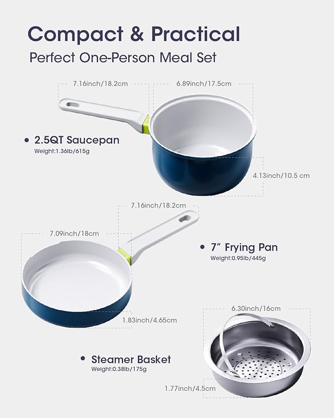 Ceramic Non Stick Sauce & Frying Pan Set, 2.5QT Saucepan, 7" Egg Omelette Pan & 18/10 Stainless Steel Steamer, Induction Cookware Set for Quick Meals, PTFE, PFOA & PFAS Free, Light Blue