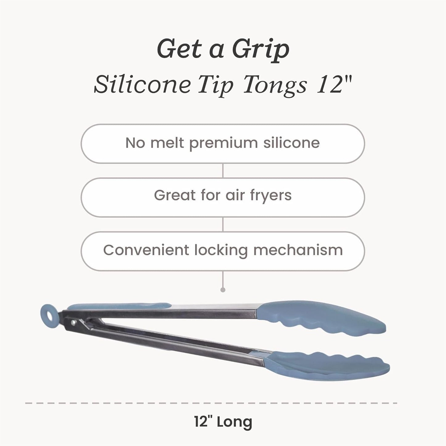 Starpack 'Get a Grip' Silicone Kitchen Tongs for Cooking 12 Inch - BBQ Silicone Tongs for Grill Heat Resistant to 600°F - Stainless Steel Utensils with Non Stick Rubber Tips for Serving Food