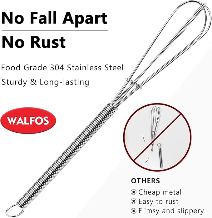 Walfos Whisk,304 Stainless Steel Mini whisk,Small Whisk.6in Long-Handle Non Rust Whisks Nice for stirring individual eggs and mixing small amounts of powder and sauce.Dishwasher Safe.(5+7+10in)
