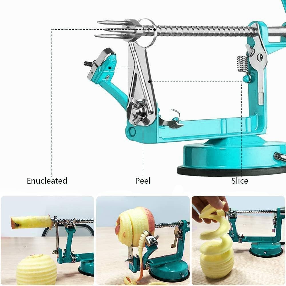 Apple Peeler, Slicer Corer Potato Peelers 3 In 1, Stainless Steel Heavy Duty Suction Cup Base And 7 Extra Blades (Blue)