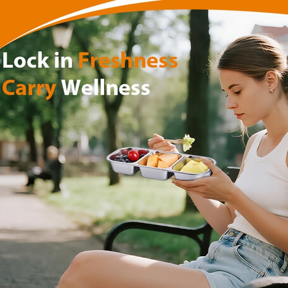 Stainless Steel Snack Box Container - 2 Pack Bento Box for Kids & Adults, 3 Compartment Leak-Proof Snack Containers with Lids (Orange)