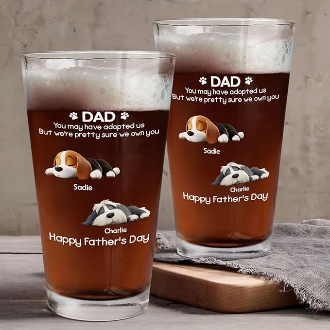 Wrappiness Best Mom Dad Logo Personalized Custom Beer Glass - 16oz Glassware for Beer Soda Cocktails - Gift for Dog Lovers, Father's Day, Birthday Gift for Parents (B05, 2 Dogs)