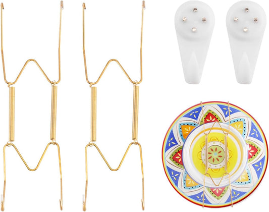 2 Pack Plate Hangers for The Wall Suitable for 8-10 inch Small Decorative Plate, Invisible Stainless Steel Plate Hangers for Display with Wall Hooks, for Plates/Platter/Dish/Picture(Gold)
