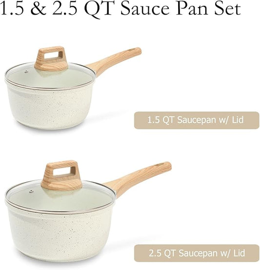 ESLITE LIFE 1.5 QT & 2.5 QT Sauce Pan Set with Lids, Nonstick Small Soup Pot Compatible with All Stovetops (Gas, Electric & Induction), PFOA Free, White