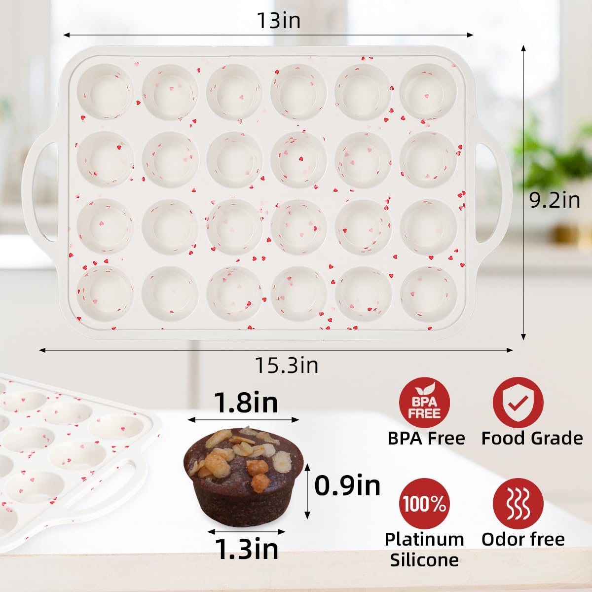 Mini Cupcake Pan, Metal Reinforced Frame Silicone Mini Muffin Pan Nonstick 24 Cups with Handle for Valentine's Day Baking Muffins, Cupcakes, Egg Bites 1 Pack