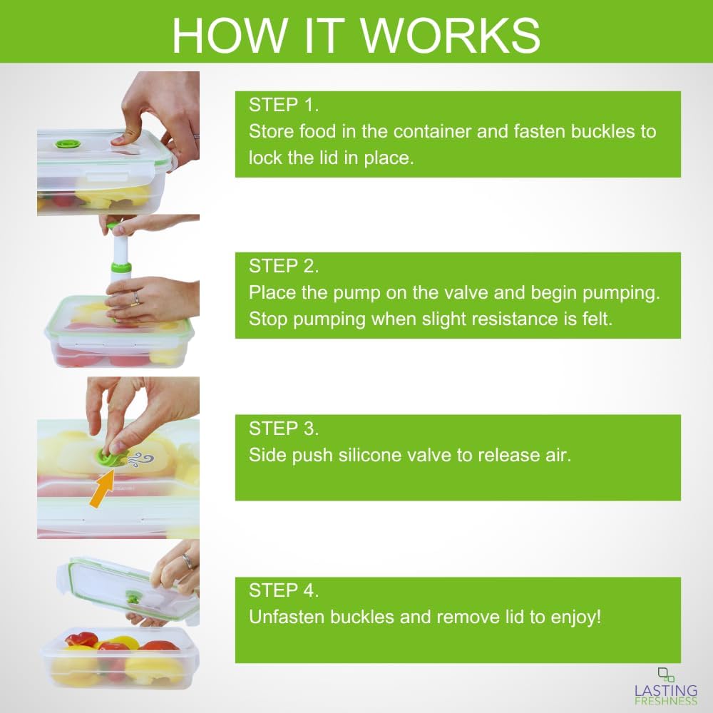 Lasting Freshness Vacuum Seal Food Storage Containers with Hand Pump – BPA-Free Plastic, Airtight Meal Prep & Leftovers Containers, Keep Food Fresh 5X Longer, 19-Piece Set