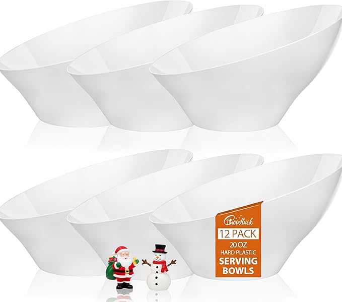 Goodluck 12 Pack White Plastic Serving Bowls for Party - 20 OZ Angled Disposable Serving Bowls for Wedding Party Chip, Candy, Salad & Fruit
