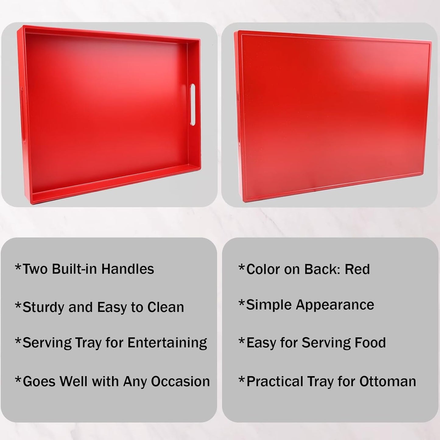 Red Serving Tray for Coffee Table, Rectangular Plastic Decorative Tray with Handles for Entertaining, Outdoor Patio, Living Room, Ottoman, Bathroom Counter, 11.8”*15.7”*1.6”