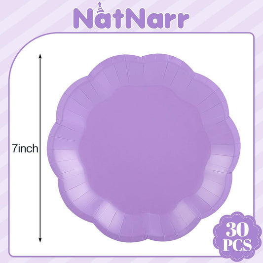 30pcs Purple Paper Plates, 7 in Scalloped Purple Dessert Cake Plates Cute Lavender Plate Disposable Party Plate for Weeding, Birthday, Baby Shower