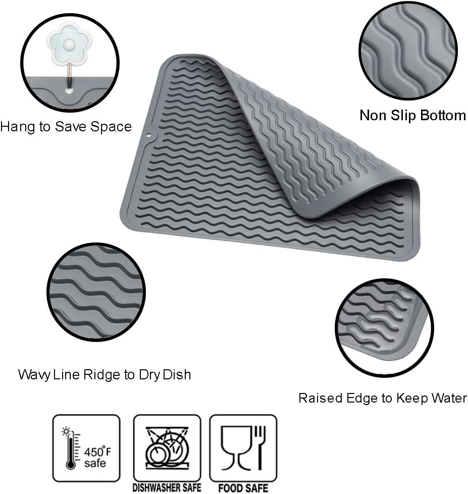 ZLR 2 Pcs Silicone Dish Drying Mats for Kitchen Counter, Eco-Friendly Fast Dry Dish Mat, Easy Clean Multi Usage Drying Matt, Heat Resistant Trivet, 12" x 16" Large, Gray