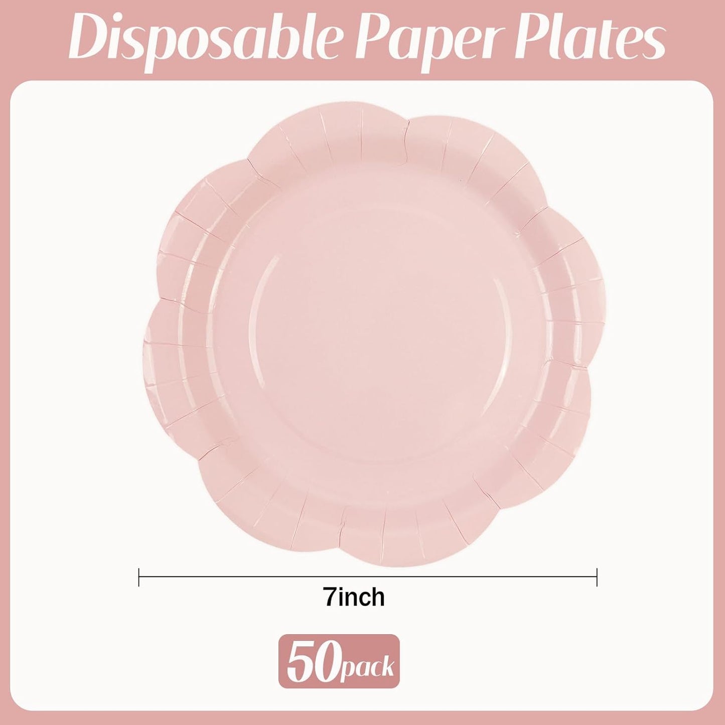 50 Pack Pink Paper Plates 7 Inch, Disposable Scalloped Plates Cake Dessert Plate for Dinner Baby Shower Wedding Bridal Shower Birthday Party Supplies (Pink, 7 inch)
