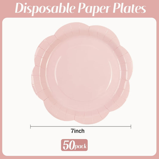 50 Pack Pink Paper Plates 7 Inch, Disposable Scalloped Plates Cake Dessert Plate for Dinner Baby Shower Wedding Bridal Shower Birthday Party Supplies (Pink, 7 inch)