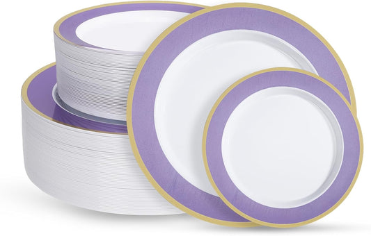 100PCS Purple Disposable Plastic Plates Include 50PCS 10.25inch Dinner Plate and 50PCS 7.5inch Dessert Plate Heavy Duty Plastic Dinnerware for Party Wedding Anniversary New Year