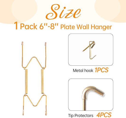 Bilillo 1 Pack Plate Hanger for Wall Display, Fits 6''-8'' Decorative Plates & Platters, Spring Stainless Steel Invisible Wire Holder with Hook, Heavy Duty Secure Grip（Gold）