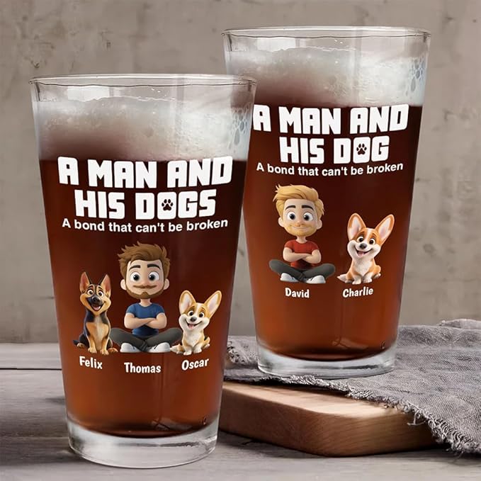 Wrappiness Best Mom Dad Logo Personalized Custom Beer Glass - 16oz Glassware for Beer Soda Cocktails - Gift for Dog Lovers, Father's Day, Birthday Gift for Parents (B03, 3 Dogs)