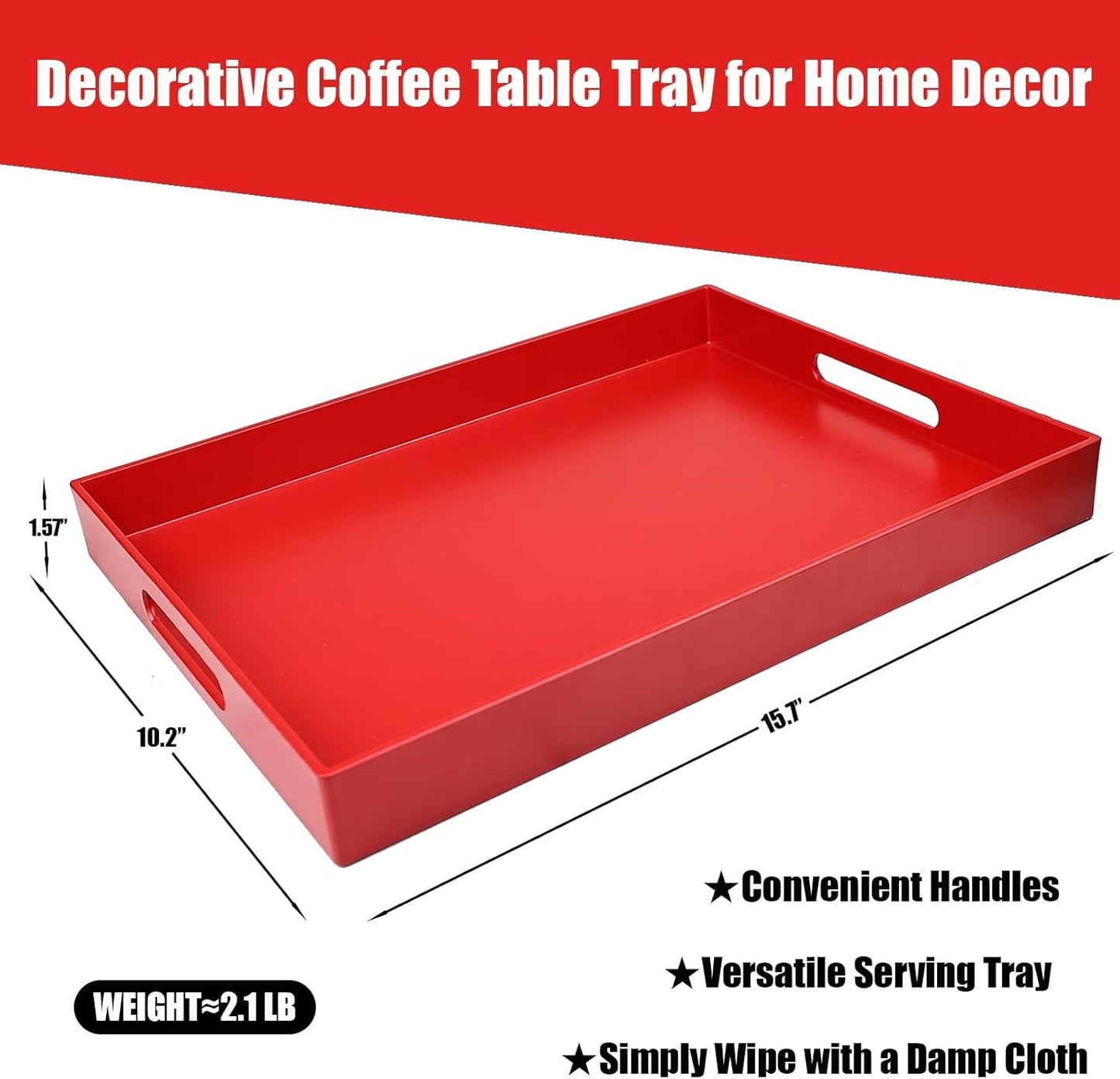 Red Serving Tray for Coffee Table, Rectangular Plastic Decorative Tray with Handles for Entertaining, Outdoor Patio, Living Room, Ottoman, Bathroom Counter, 11.8”*15.7”*1.6”