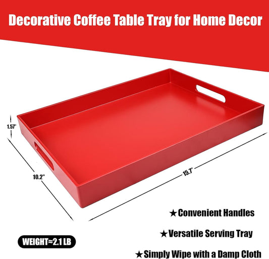 Red Serving Tray for Coffee Table, Rectangular Plastic Decorative Tray with Handles for Entertaining, Outdoor Patio, Living Room, Ottoman, Bathroom Counter, 11.8”*15.7”*1.6”