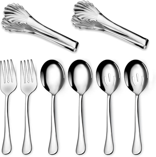 Stainless Steel Serving Utensil Set, 8-Piece, Includes Serving Spoons, Forks, Tongs and Soup Ladle