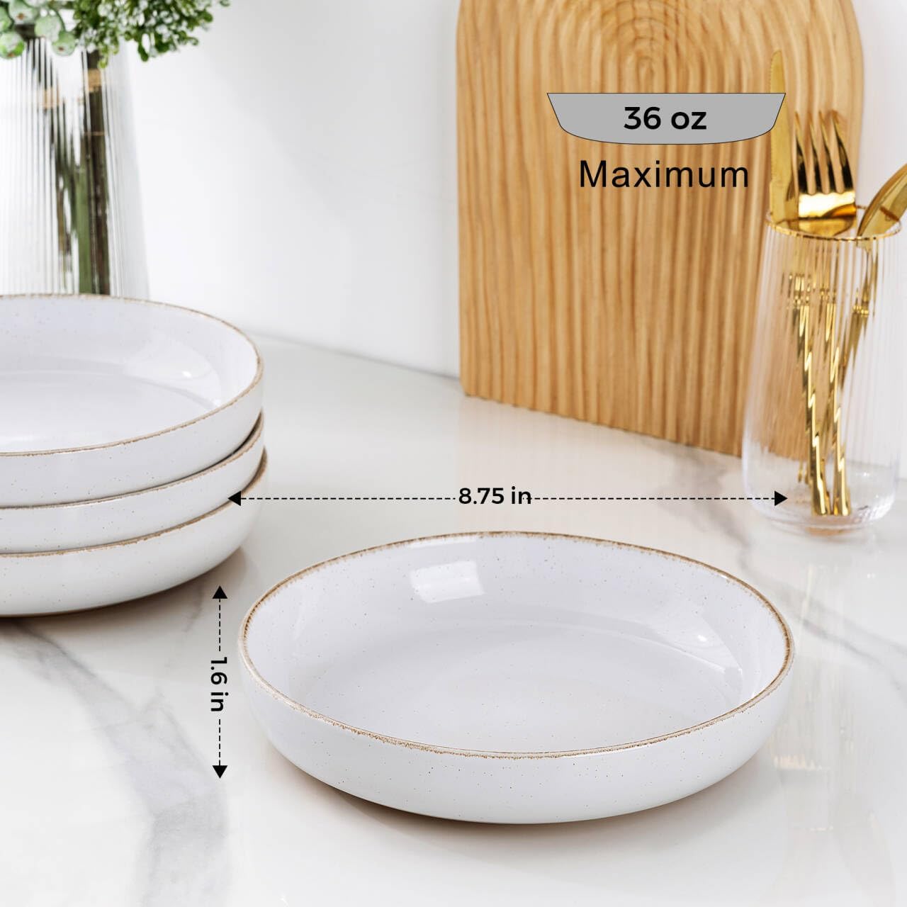 AmorArc 8.75'' Large Ceramic Pasta Bowls, 36oz Handpainted Stoneware Bowls Set of 4, Microwave&Dishwasher Safe Bowls with Wavy Rim&Rustic Terracotta Underside for Pasta Salad, White-Handbrush Rim