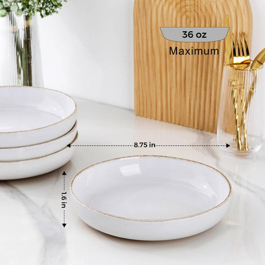 AmorArc 8.75'' Large Ceramic Pasta Bowls, 36oz Handpainted Stoneware Bowls Set of 4, Microwave&Dishwasher Safe Bowls with Wavy Rim&Rustic Terracotta Underside for Pasta Salad, White-Handbrush Rim