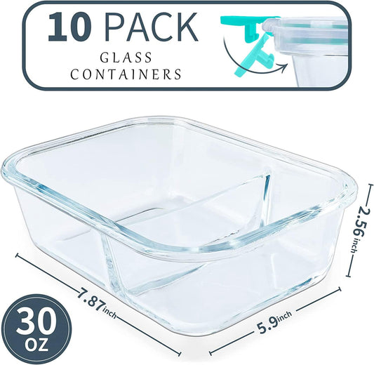 KOMUEE 10 Packs 30oz Glass Meal Prep Containers 2 Compartments,Glass Food Storage Containers with Lids,Airtight Glass Lunch Bento Boxes,Oven,Freezer and Dishwasher Safe, Green