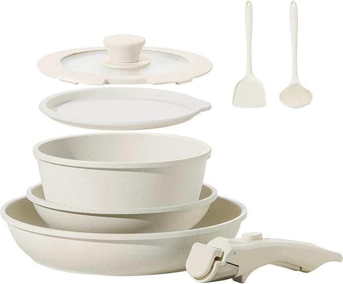 8pcs Ceramic Pots and Pans Set, Non Stick Cookware Set, Detachable Handle Cookware, Induction Kitchen Cooking Set with Removable Handle,Oven Safe, Induction Fast, Stackable Cookware Set