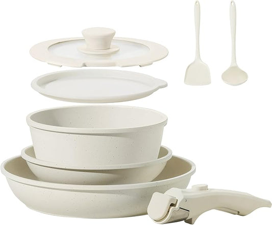 8pcs Ceramic Pots and Pans Set, Non Stick Cookware Set, Detachable Handle Cookware, Induction Kitchen Cooking Set with Removable Handle,Oven Safe, Induction Fast, Stackable Cookware Set