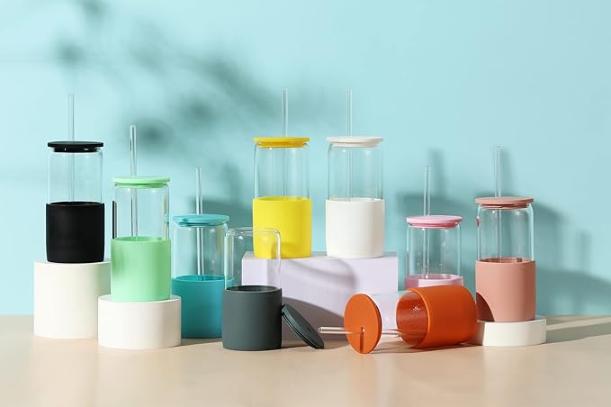 Sunseeke Glass Tumbler with Straw and Lid, 16oz Ice Coffee Cup, Silicone Sleeve Cleaning Brushes, Drinking Glasses for Water, Iced Coffee, Smoothie - BPA Free (Sandy Beige)