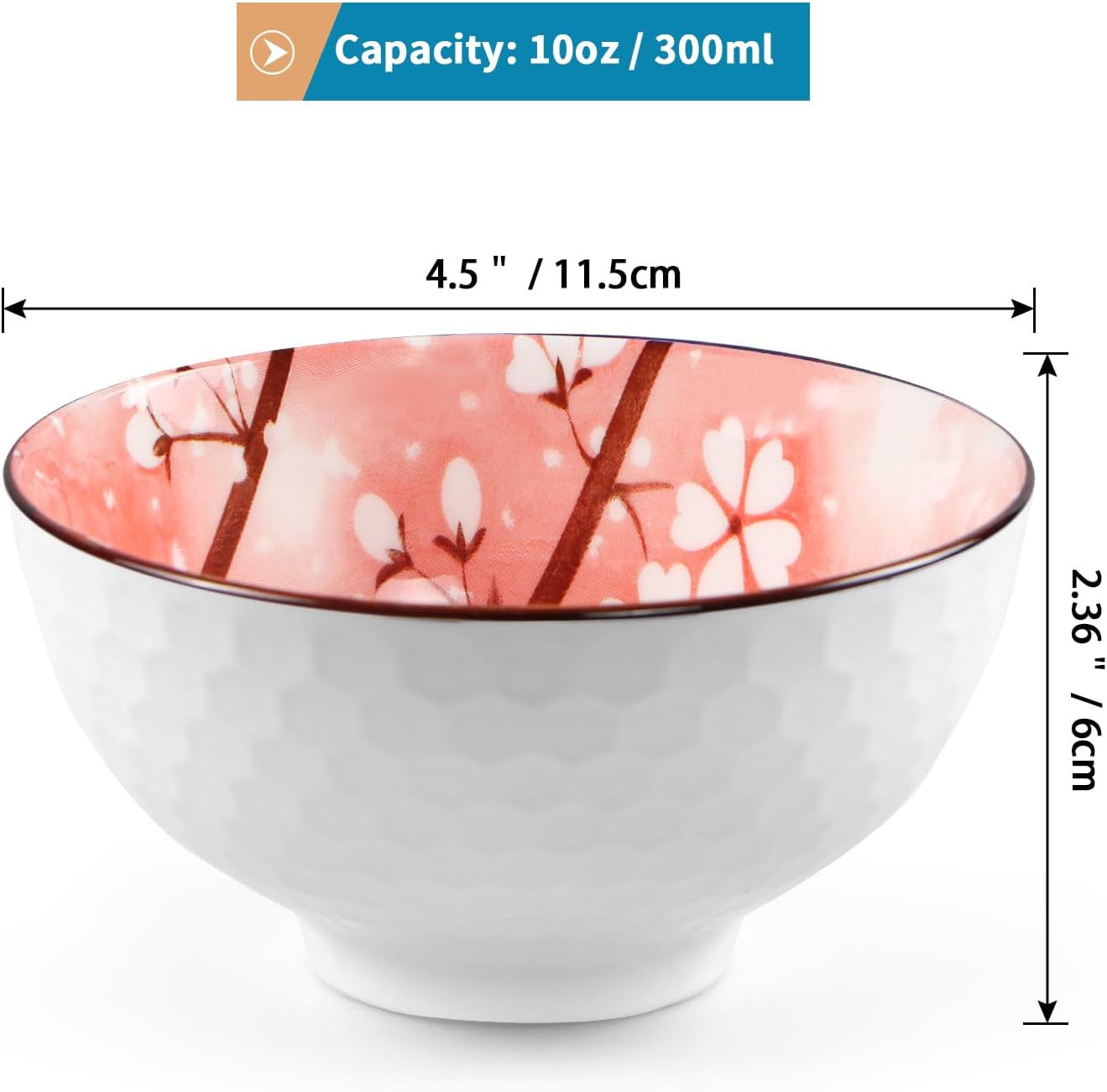Ceramic Rice Bowls 10 oz, Sakura Bowl Gift Set, Dinnerware Serving Bowls for Rice, Cereal, Noodle, Soup, Desserts, Pack of 6 (Pink)