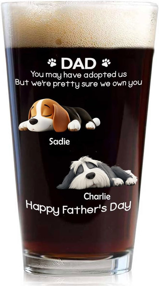 Wrappiness Best Mom Dad Logo Personalized Custom Beer Glass - 16oz Glassware for Beer Soda Cocktails - Gift for Dog Lovers, Father's Day, Birthday Gift for Parents (B05, 2 Dogs)