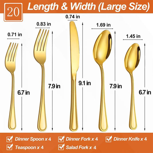 20 Pcs Gold Silverware Set for 4 with Simple Striped Handle Design, Food Grade Stainless Steel Flatware Set, Eating Utensils Sets Include Fork/Knife/Spoon, Cutlery Set, Dishwasher Safe