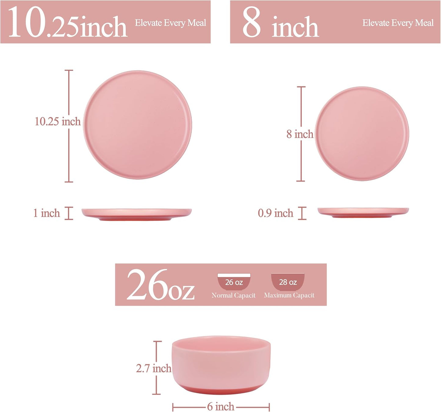 6 Piece Ceramic Dinnerware Set for 2, Modern Minimalist Stoneware Dinner Plates and Bowls, Microwave Safe, Dishwasher Safe, Versatile for All Seasons, Pink