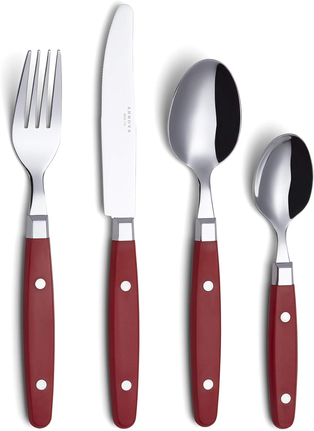 ANNOVA Silverware Set, Retro/Rivet Colorful Stainless Steel Tableware Kitchen Flatware Set Utensils, Includes Dinner Knives, Forks, Spoons & Dessert Spoons (Red, 24 Pieces)