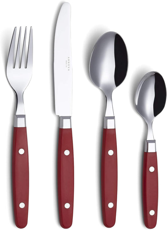 ANNOVA Silverware Set, Retro/Rivet Colorful Stainless Steel Tableware Kitchen Flatware Set Utensils, Includes Dinner Knives, Forks, Spoons & Dessert Spoons (Red, 24 Pieces)
